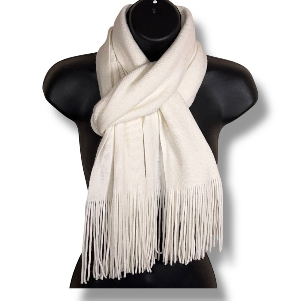 Ivory Cream Soft Knit Scarf With Fringe Neutral Classic